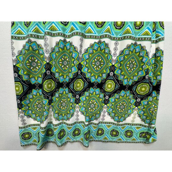 Maggy London Womens Geo Midi Shift Dress Size 12 Green Blue 3/4 Sleeve Work Boho - Picture 6 of 12